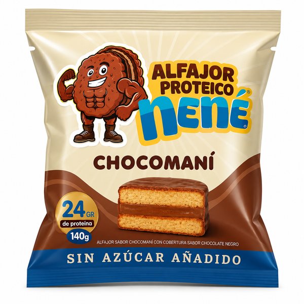 Nene – ALFAJOR PROTEICO Chocomaní (Alfajor sabor chocomaní con cobertura sabor chocolate negro, Sin azúcar añadido)