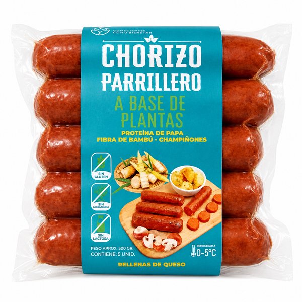Chorizo Parrillero a Base de Plantas, relleno de queso.