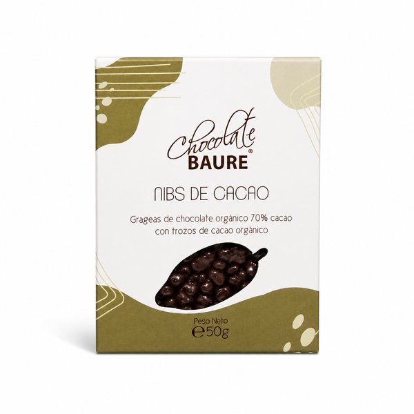 Chocolate BAURE – NIBS DE CACAO (Grageas de chocolate orgánico 70% cacao con trozos de cacao orgánico)