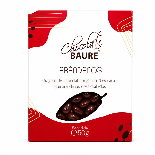Chocolate BAURE – ARÁNDANOS (Grageas de chocolate orgánico 70% cacao con arándanos deshidratados)
