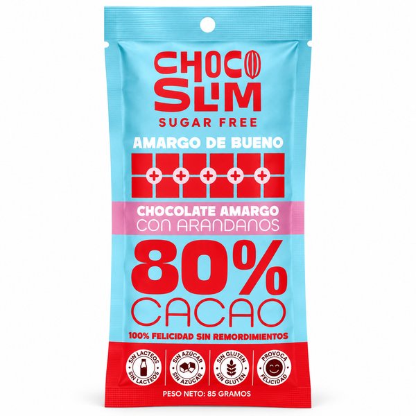 CHOCO SLIM SUGAR FREE – CHOCOLATE AMARGO CON ARÁNDANOS (80% Cacao, "Amargo de bueno")