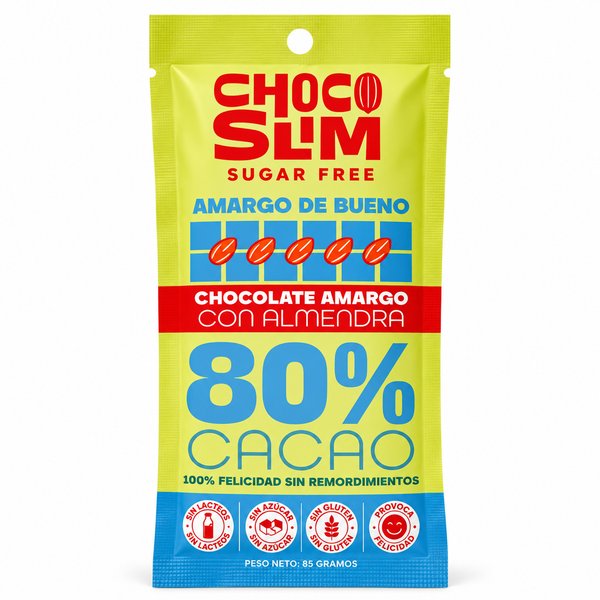 CHOCO SLIM SUGAR FREE – CHOCOLATE AMARGO CON ALMENDRA (80% Cacao, "Amargo de bueno")