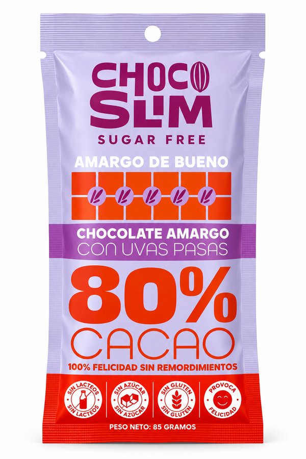 CHOCO SLIM SUGAR FREE – CHOCOLATE AMARGO CON UVAS PASAS (80% Cacao, "Amargo de bueno")