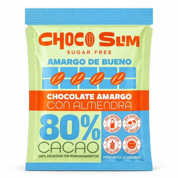 CHOCO SLIM SUGAR FREE – CHOCOLATE AMARGO CON ALMENDRA 80% Cacao ( 21GR )
