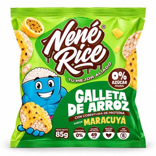 Nenė Rice – GALLETA DE ARROZ CON COBERTURA DE PROTEÍNA SABOR MARACUYÁ