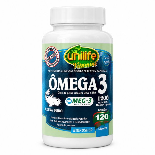 UNILIFE VITAMINS – ÔMEGA 3 (Óleo de peixe rico em DHA e EPA / MEG-3 Extra Puro)- 120 capsulas