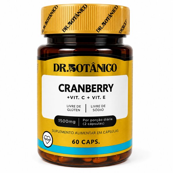 Dr. Botânico – Cranberry + Vit. C + Vit. E (Livre de Glúten - Livre de Sódio - 1500 mg por porção diária de 2 cápsulas)