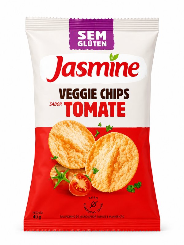 Jasmine – Veggie Chips Sabor Tomate (Salgadinho de Milho Sabor Tomate e Manjericão - Sem Glúten)
