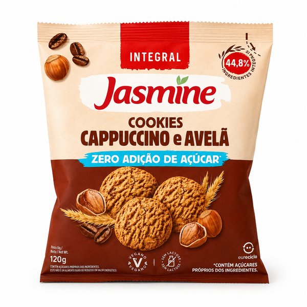 Jasmine Integral – Cookies Cappuccino e Avelã (Zero Adição de Açúcar, Vegano, Sem Lactose)