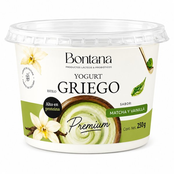 Bontana – YOGURT ESTILO GRIEGO Premium (Sabor: MATCHA Y VAINILLA)