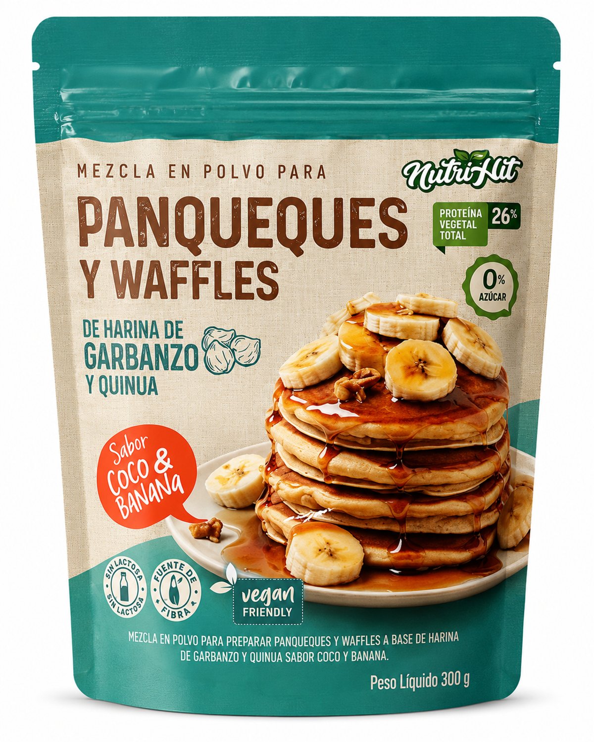 Premezcla para Panqueque y Waffles Sabor Coco y Banana.