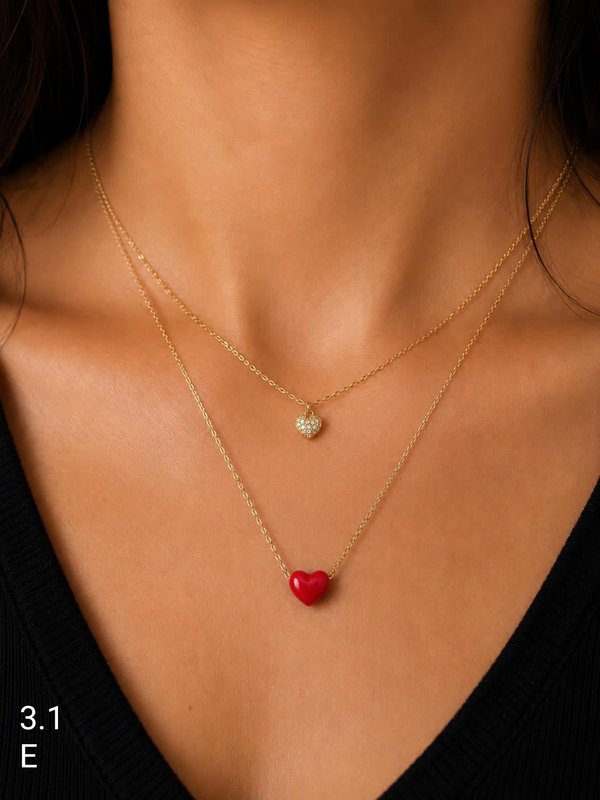 Collar - Doble Corazón Rojo - Plata Bañada en Oro