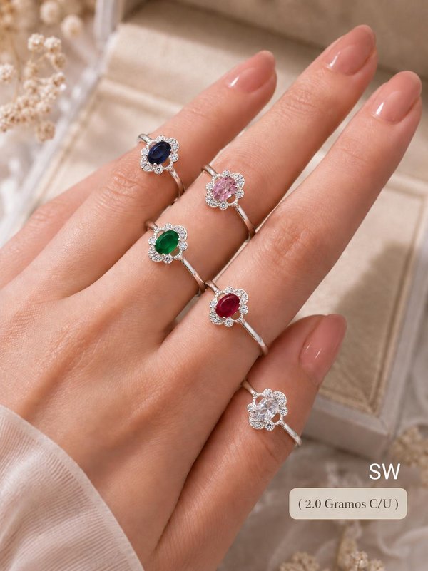 Anillo - Flor Zircones de Colores - Plata