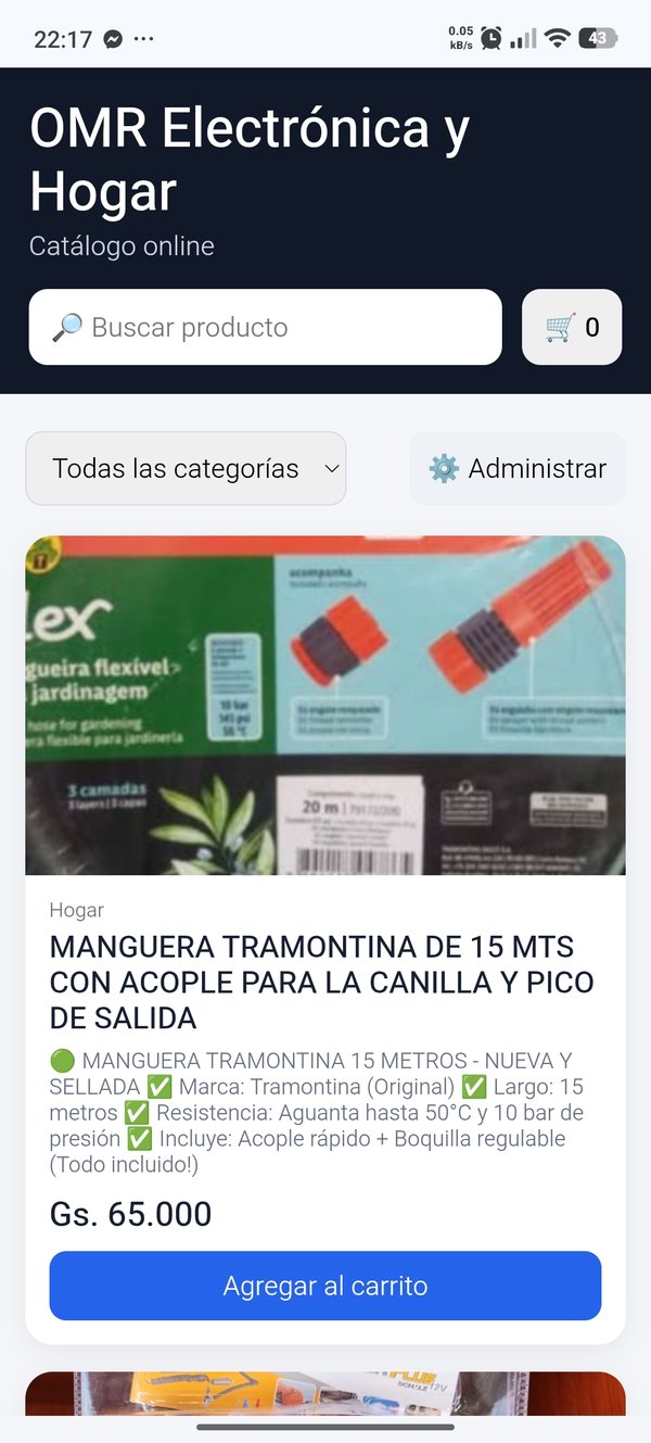 MANGUERA TRAMONTINA DE 15 MTS CON ACOPLE PARA LA CANILLA