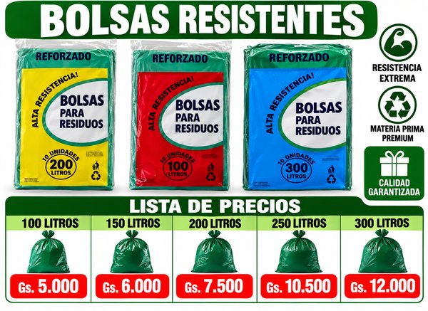 🟢 ¡BOLSAS PARA RESIDUOS DE ALTA RESISTENCIA! 🗑️ 💪 ¡Resistentes, reforzadas y de excelente calidad! Ideales para el hogar, comercios, oficinas, restaurantes y todo tipo de negocio. 📦 PRECIOS POR TAMAÑO: ✅ 100 litros: Gs. 5.000 ✅ 150 litros: Gs. 6.000 ✅ 200 litros: Gs. 7.500 ✅ 250 litros: Gs. 10.500 ✅ 300 litros: Gs. 12.000 ⭐ Alta resistencia ⭐ Material de calidad ⭐ Excelente relación precio-calidad 🚚 Envíos en Asunción y Gran Asunción. 📲 ¡Hacé tu pedido hoy! Consultá por WhatsApp y elegí el tamaño que necesitás. 🟢 Calidad y resistencia al mejor precio.