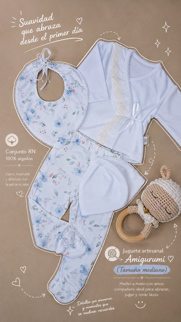 Set nacimiento RN Premium algodón Floral Azul claro