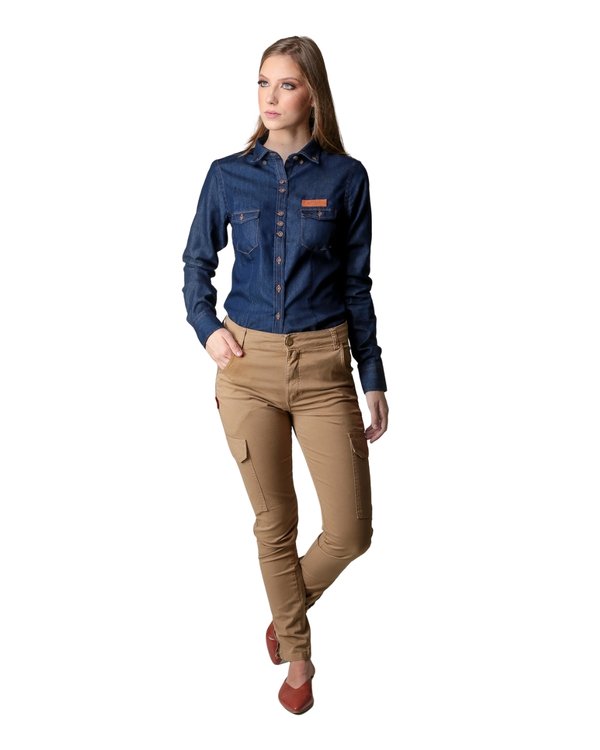 Calça Cargo Feminina com Elastano - Cor Café com Leite
