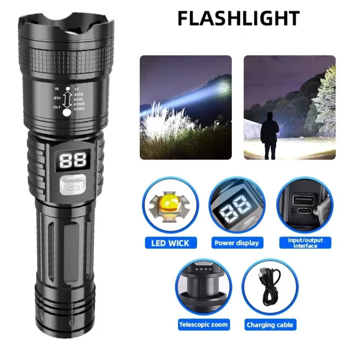 🔦 Linterna LED Recargable de Alta Potencia con Zoom