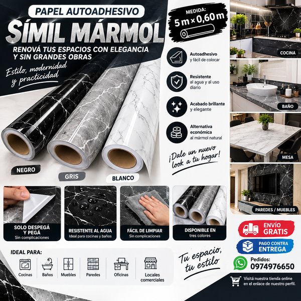 🖤✨ PAPEL AUTOADHESIVO SÍMIL MÁRMOL 5 × 0,60 m ✨🖤