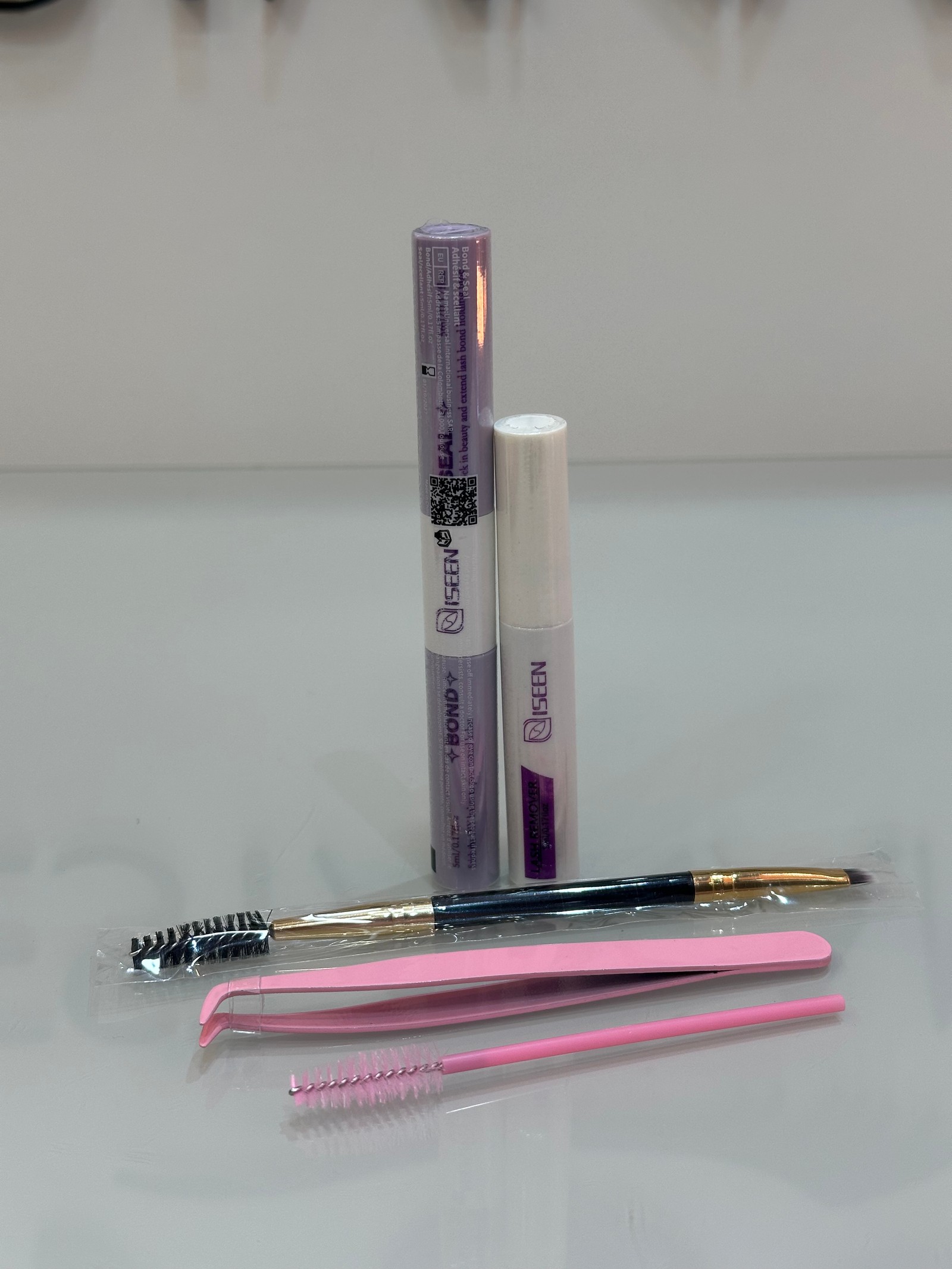 Pegamento+sellador, removedor, pinza, brocha para cejas y pestañas 