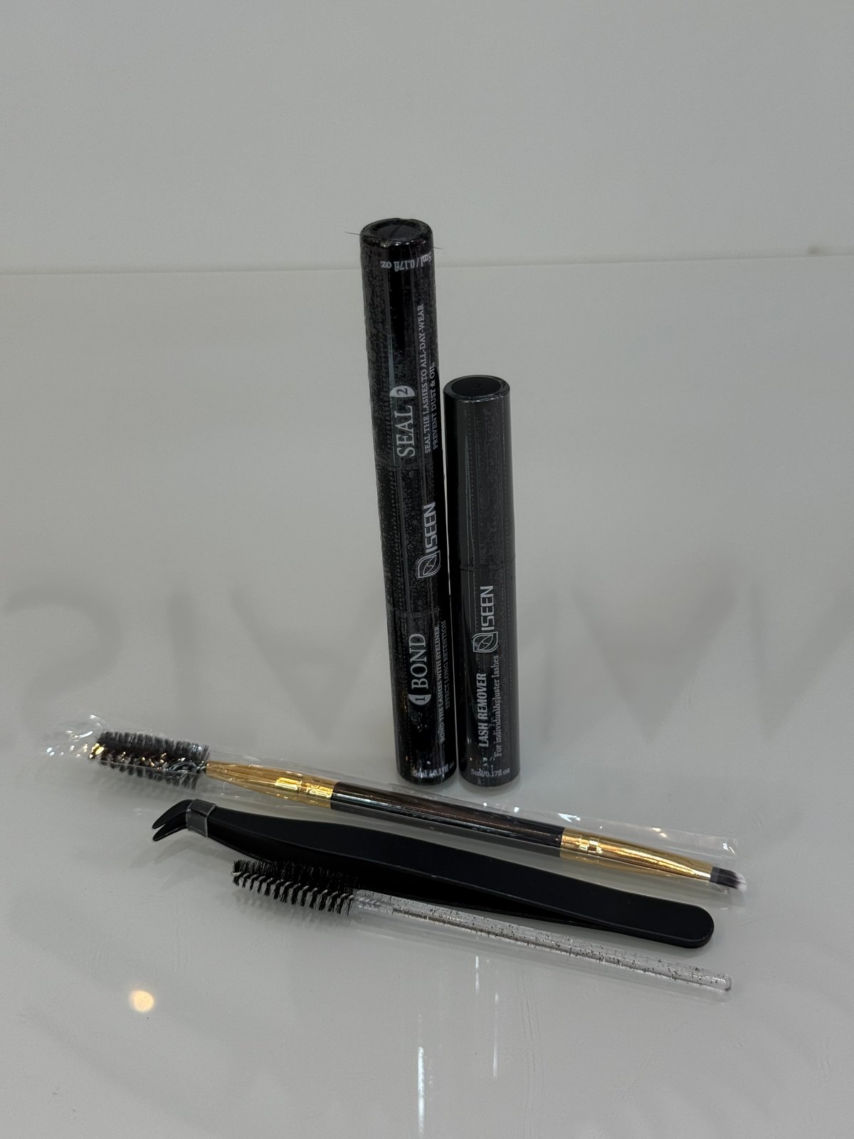 Pegamento+sellador, removedor, pinza, brocha para cejas y pestañas