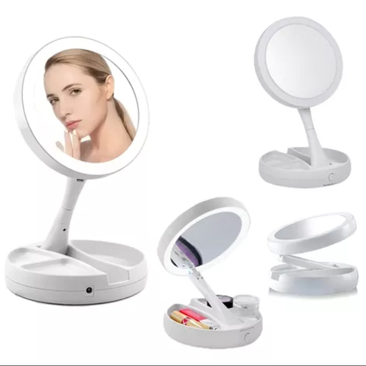 Espejo de Maquillaje Retráctil con Luz LED + Compartimento para Joyas | Recargable USB y Doble Cara - 5