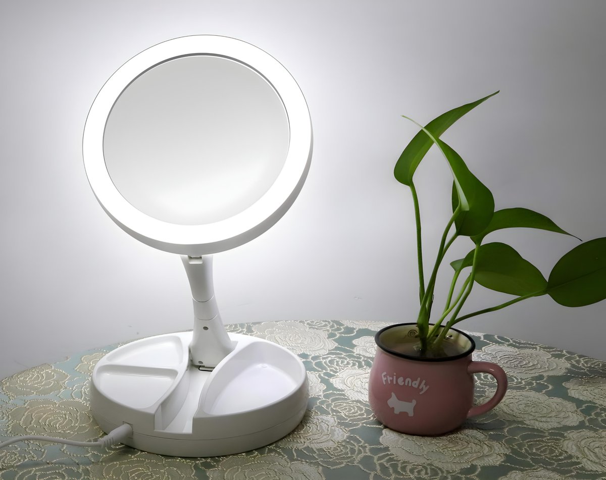 Espejo de Maquillaje Retráctil con Luz LED + Compartimento para Joyas | Recargable USB y Doble Cara - 4