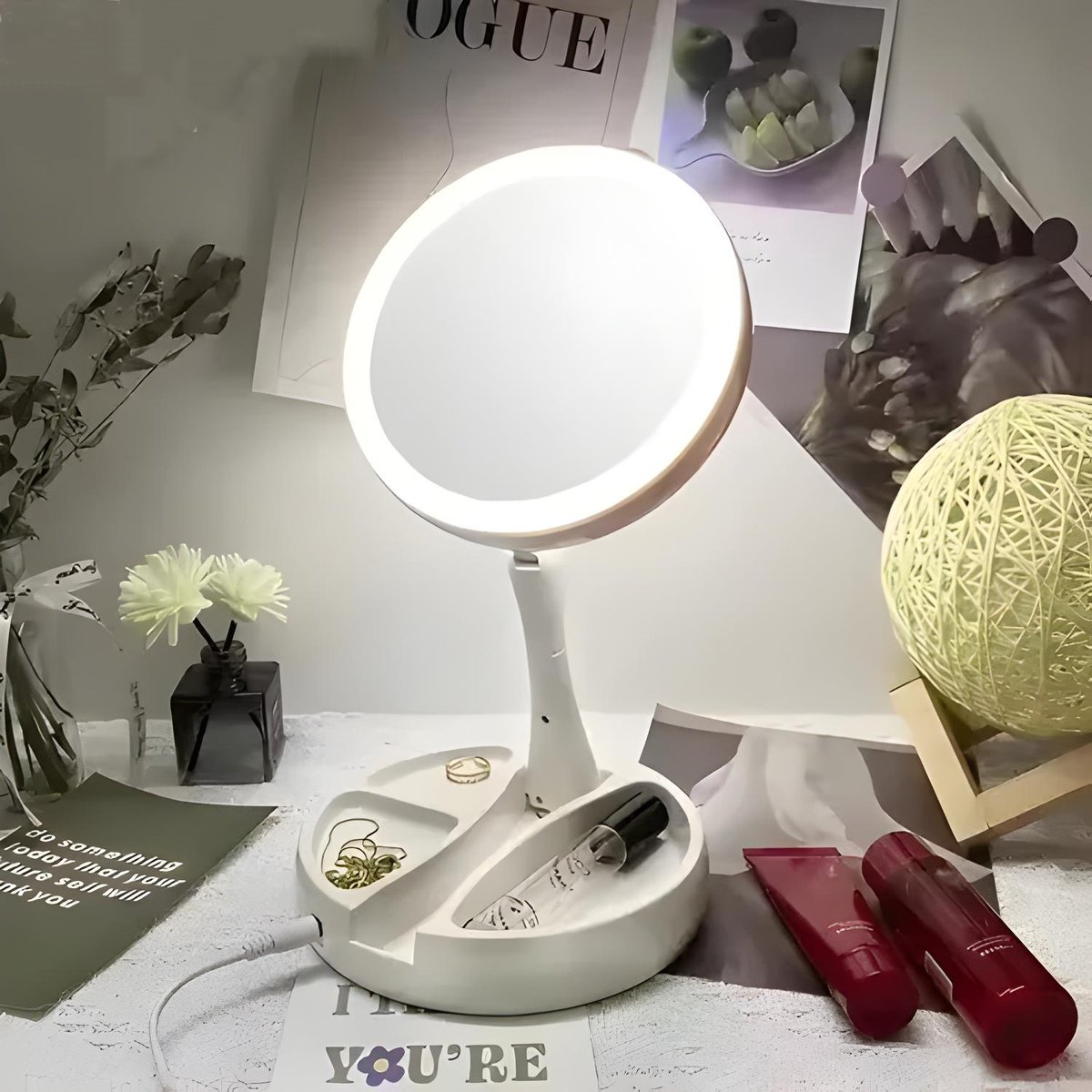 Espejo de Maquillaje Retráctil con Luz LED + Compartimento para Joyas | Recargable USB y Doble Cara - 3