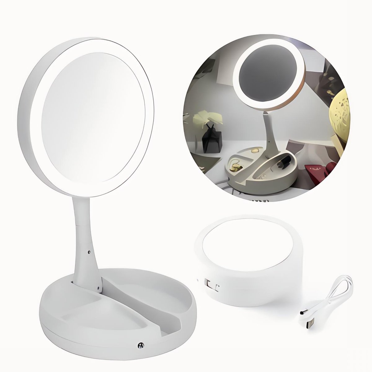 Espejo de Maquillaje Retráctil con Luz LED + Compartimento para Joyas | Recargable USB y Doble Cara - 2