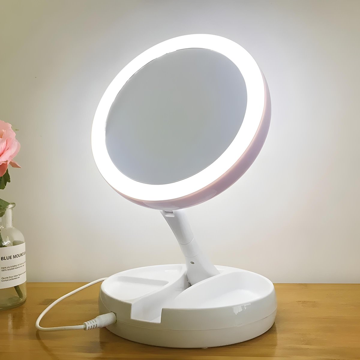 Espejo de Maquillaje Retráctil con Luz LED + Compartimento para Joyas | Recargable USB y Doble Cara