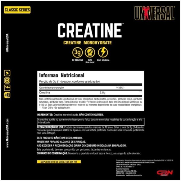 Creatina Universal Monohidratada. Alto Rendimiento. 200g