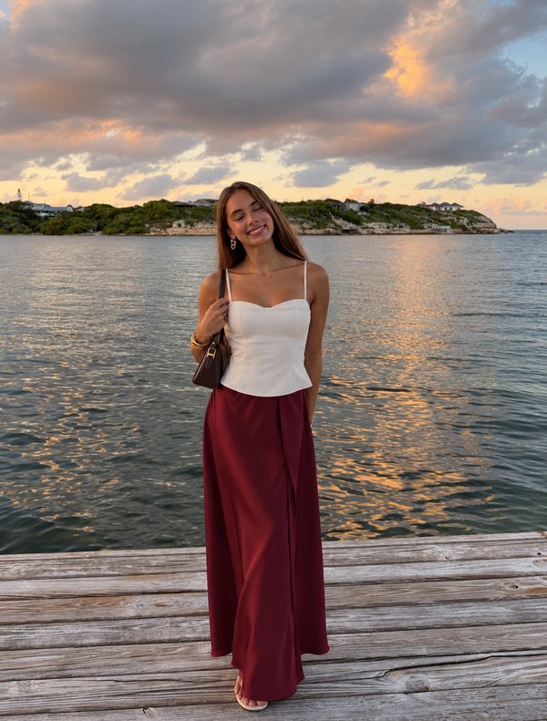 Falda Midi Burgundy Satinada