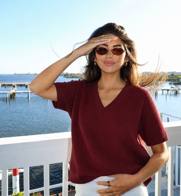 Top Knit Waffle Burgundy 