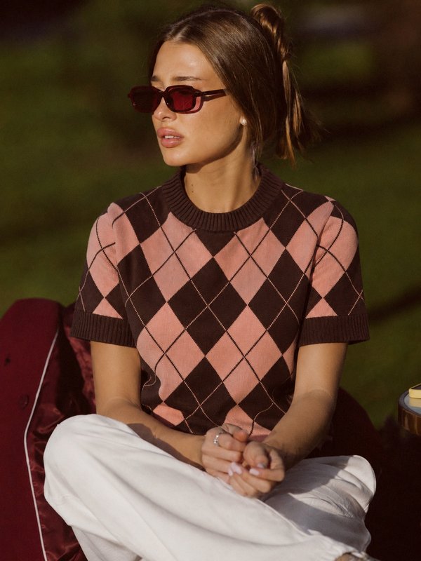 Sweater Argyle Chocolate & Pink