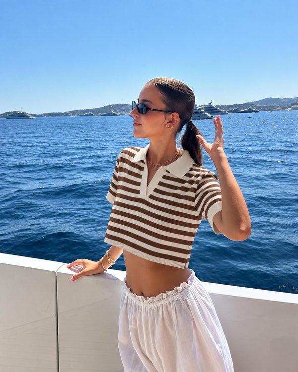 Polo Knit Cropped Rayas Chocolate