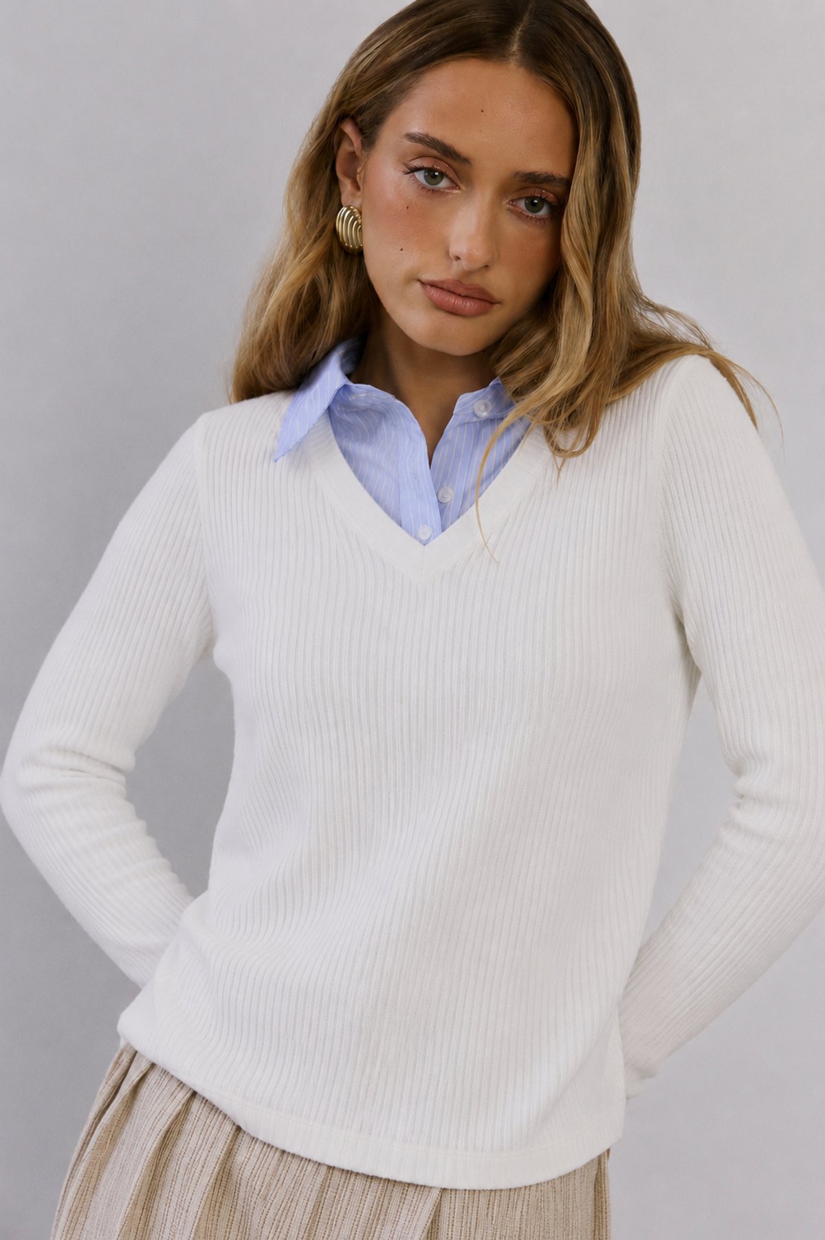 Top Rib V-Neck Ivory