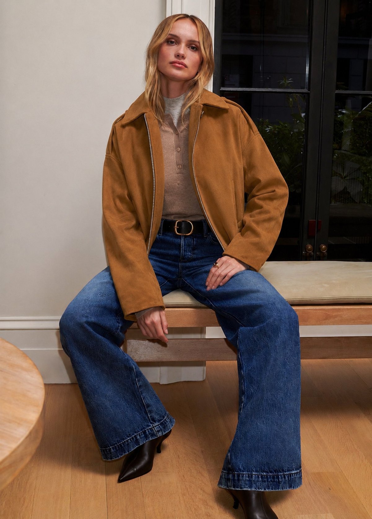 Chaqueta Bomber Suede Camel - 2