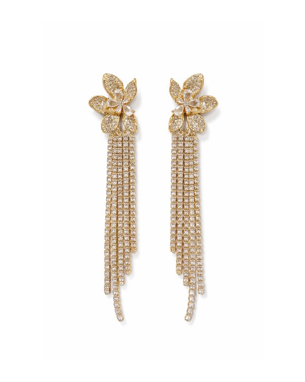 Aretes Dorados Florales con Caída de Cristales