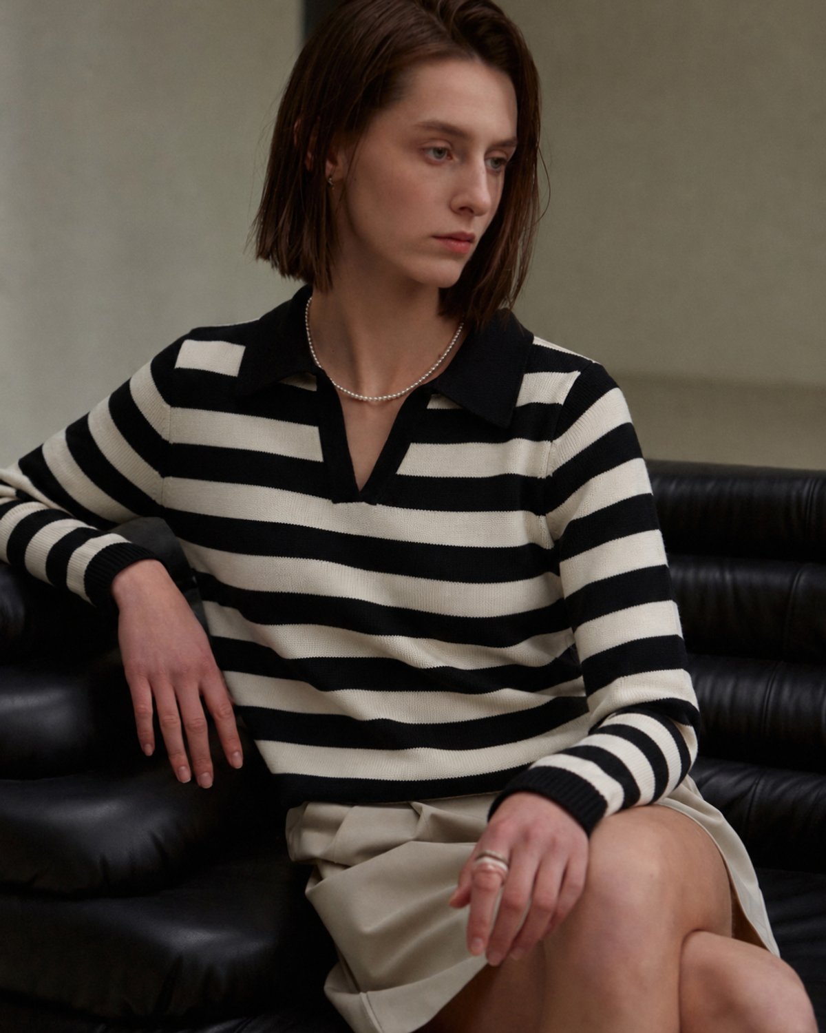 Sweater Polo Stripe Black Cream