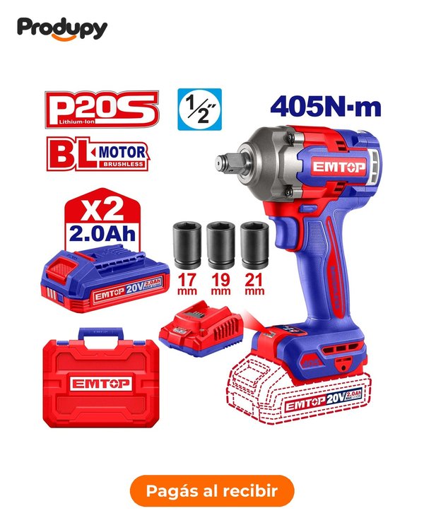 Llave de impacto Emtop 20V 1/2" 405 Nm + 2 baterías (ECIWL2045)