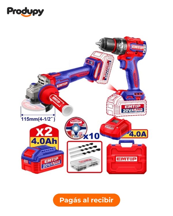 Combo Emtop 20 V brushless: taladro percutor 66 Nm + amoladora 115 mm, 2 baterías 4 Ah (ECKL20256)