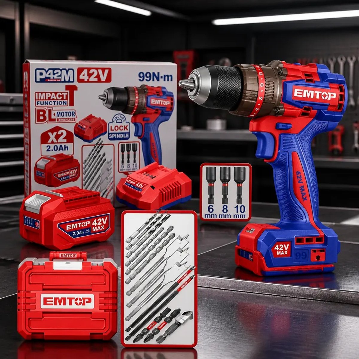Taladro percutor Emtop 42V 99 Nm brushless + 2 baterías (ECIDL429982) - 2