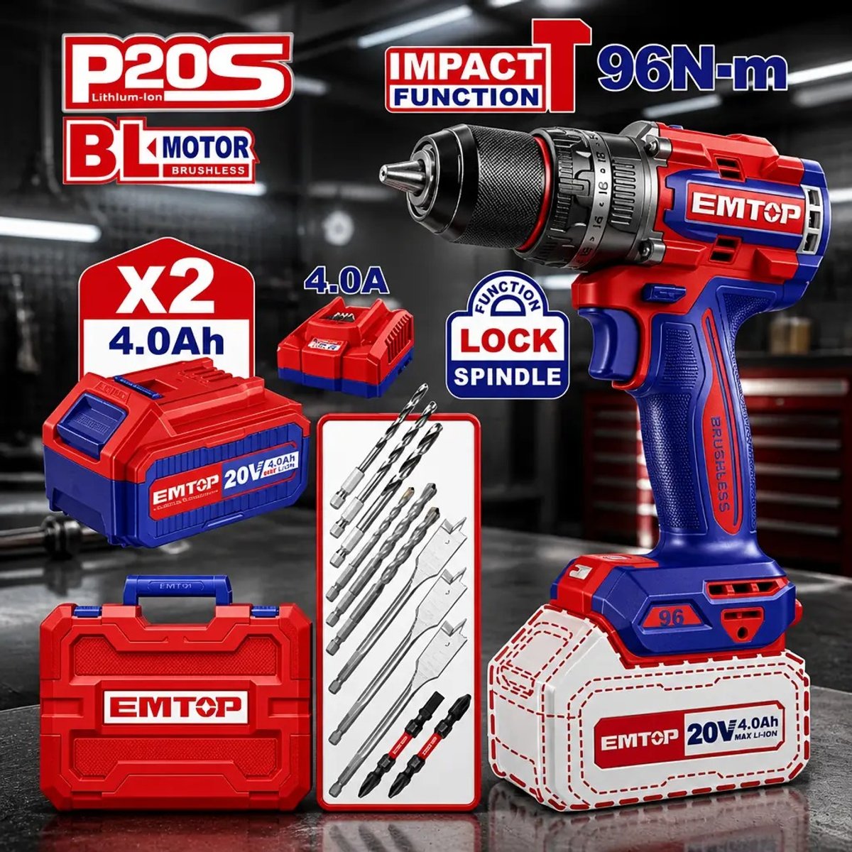 Taladro percutor Emtop 20V 96 Nm + 2 baterías 4 Ah (ECIDL20968) - 2