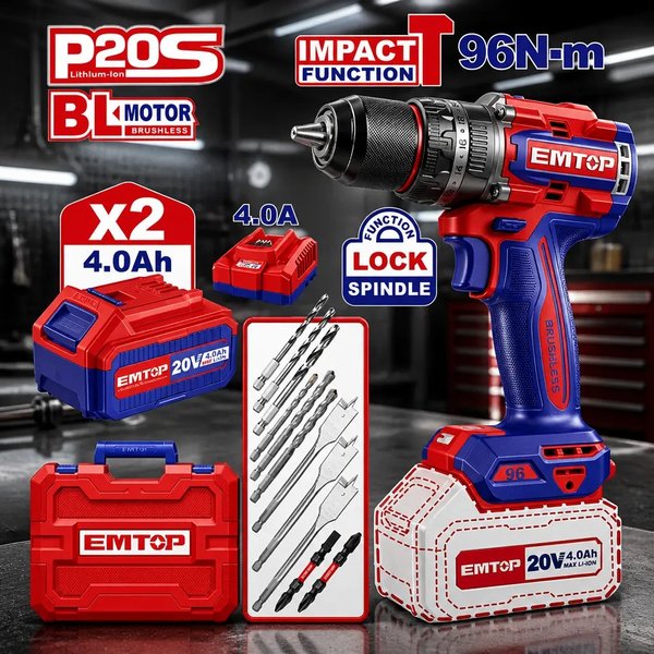 Taladro percutor Emtop 20V 96 Nm + 2 baterías 4 Ah (ECIDL20968)