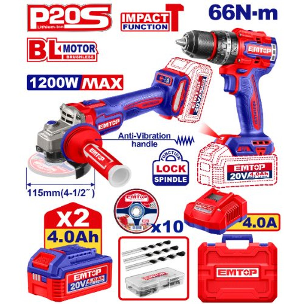 Combo Emtop 20 V brushless: taladro percutor 66 Nm + amoladora 115 mm, 2 baterías 4 Ah (ECKL20256) - 3