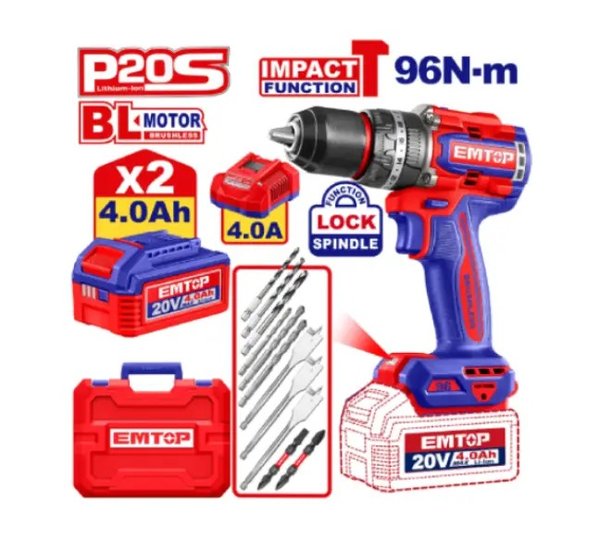 Taladro percutor Emtop 20V 96 Nm + 2 baterías 4 Ah (ECIDL20968)