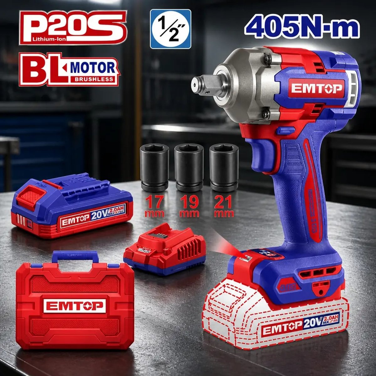 Llave de impacto Emtop 20V 1/2" 405 Nm + 2 baterías (ECIWL2045) - 2