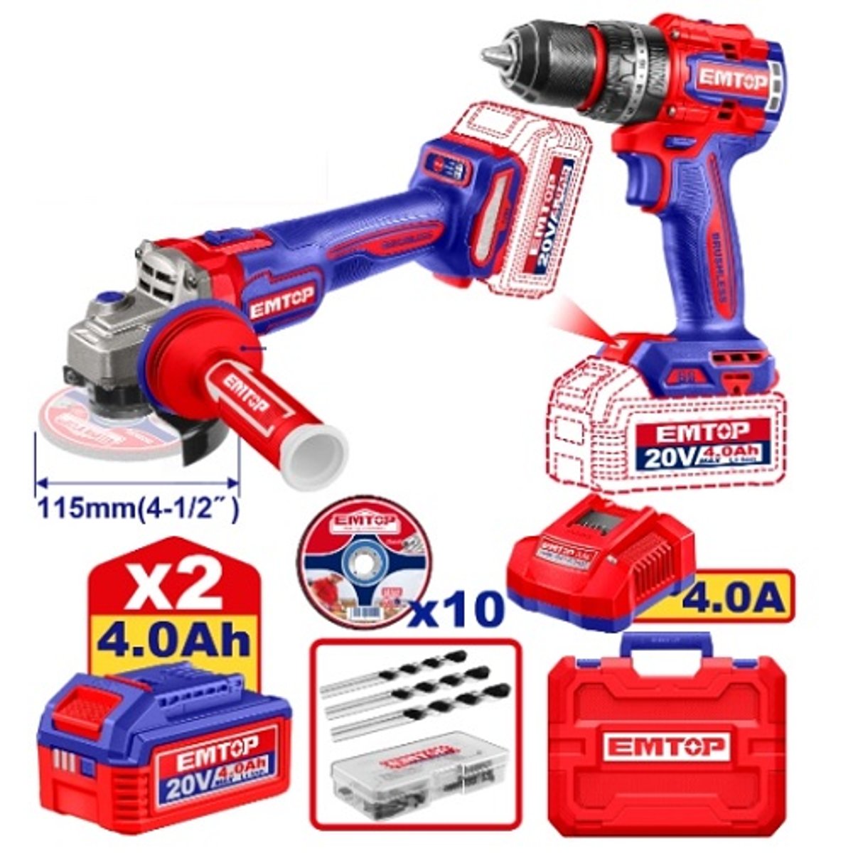 Combo Emtop 20 V brushless: taladro percutor 66 Nm + amoladora 115 mm, 2 baterías 4 Ah (ECKL20256) - 2
