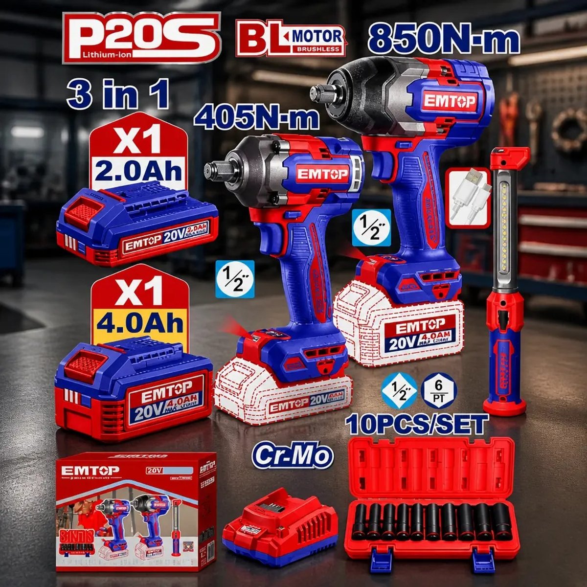 Combo Emtop 20V llaves de impacto 405+850 Nm + lámpara (EOSLI241195) - 2
