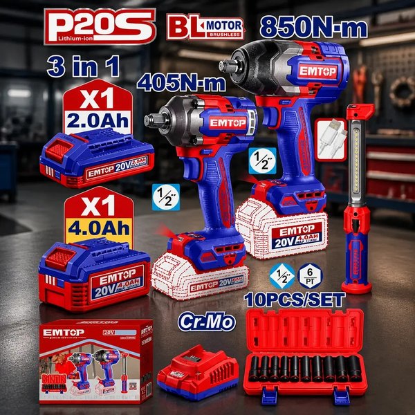 Combo Emtop 20V llaves de impacto 405+850 Nm + lámpara (EOSLI241195)
